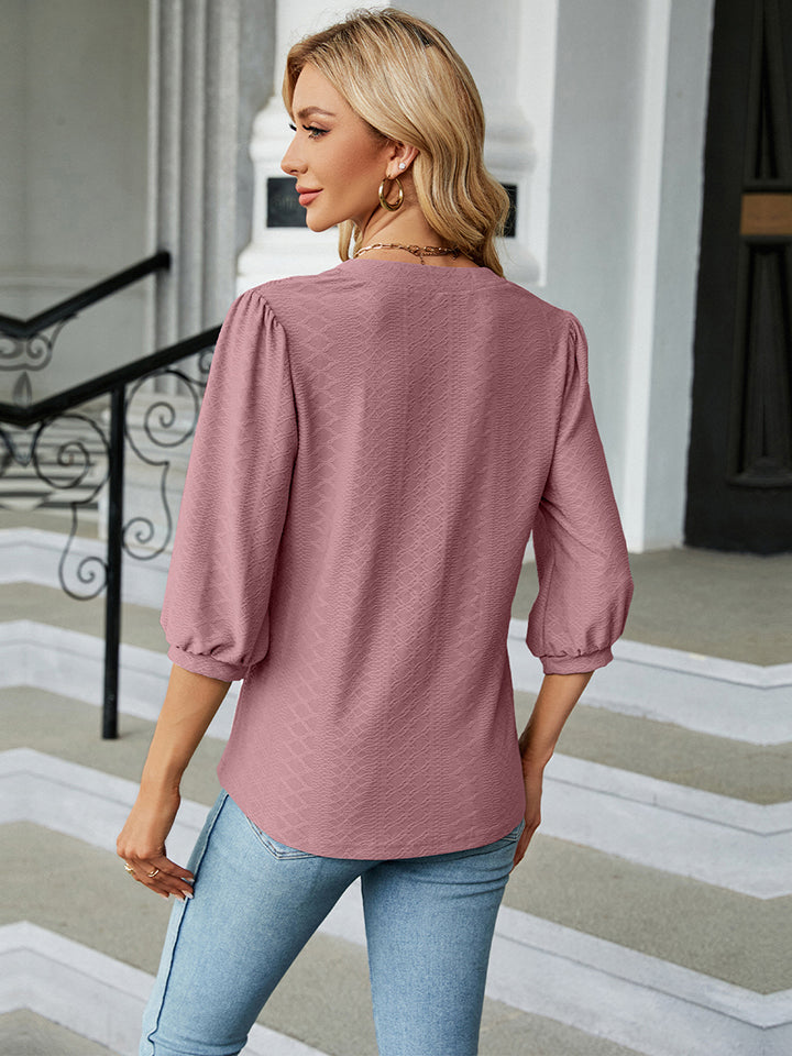 Full Size Notched Neck Three-Quarter Sleeve Blouse