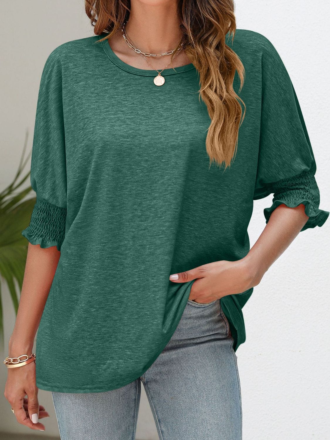 Full Size Smocked Flounce Sleeve Round Neck T-Shirt