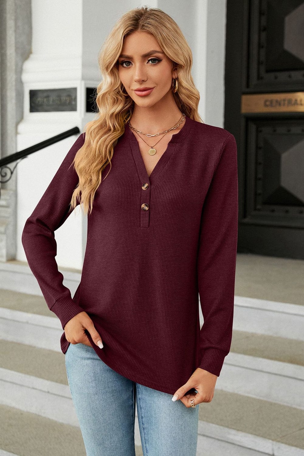 Full Size V-Neck Long Sleeve Blouse