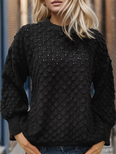 Openwork Round Neck Long Sleeve Sweater