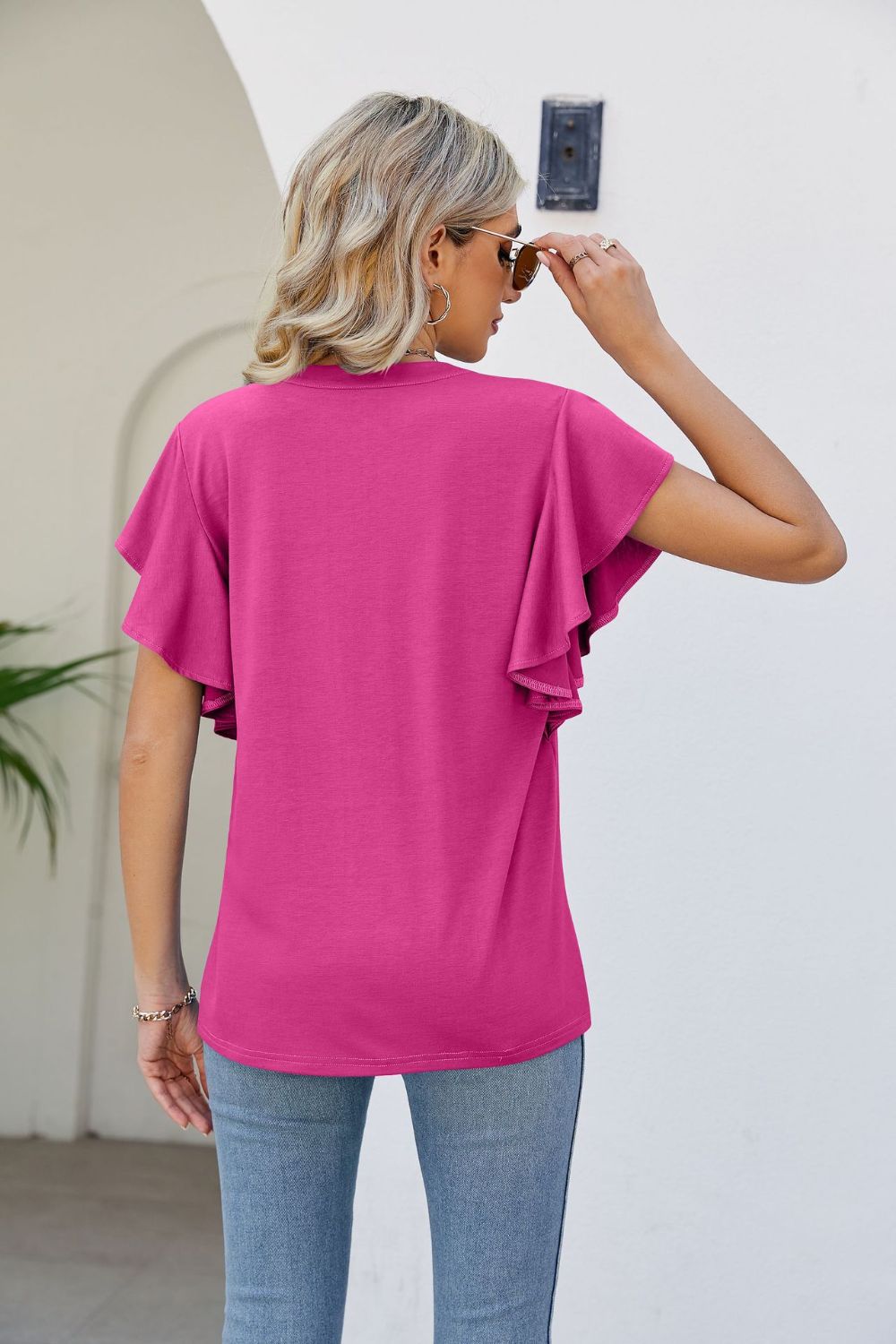 Women's JAYLEEN Full Size Notched Neck Flutter Sleeve Tee