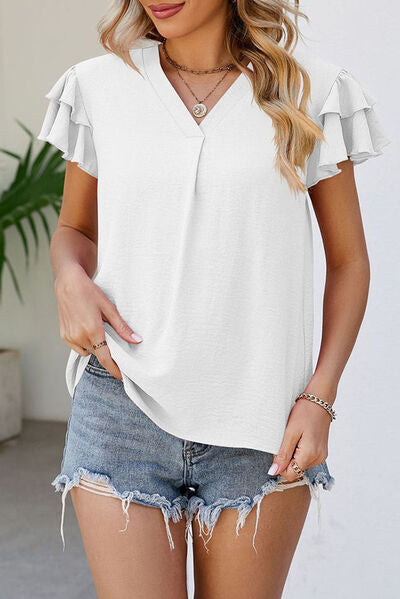 Ruffled V-Neck Short Sleeve Blouse