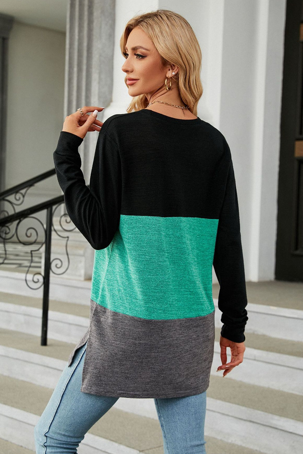 Full Size Color Block Round Neck Long Sleeve Slit T-Shirt