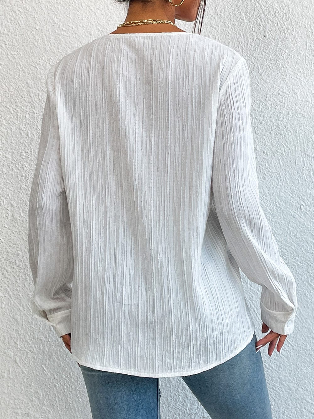 Lace Trim V-Neck Long Sleeve Shirt