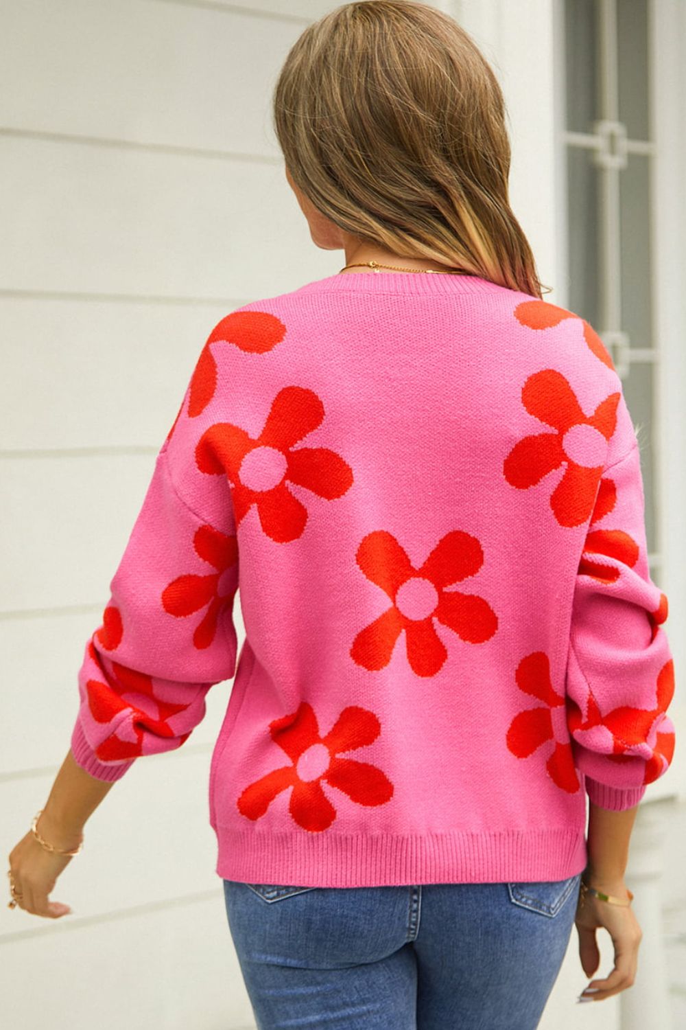 Hannah&Mea Floral Print Round Neck Dropped Shoulder Pullover Sweater