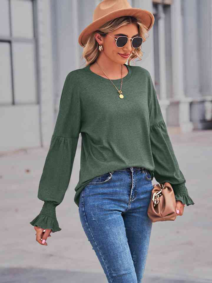 Full Size Round Neck Flounce Sleeve Blouse