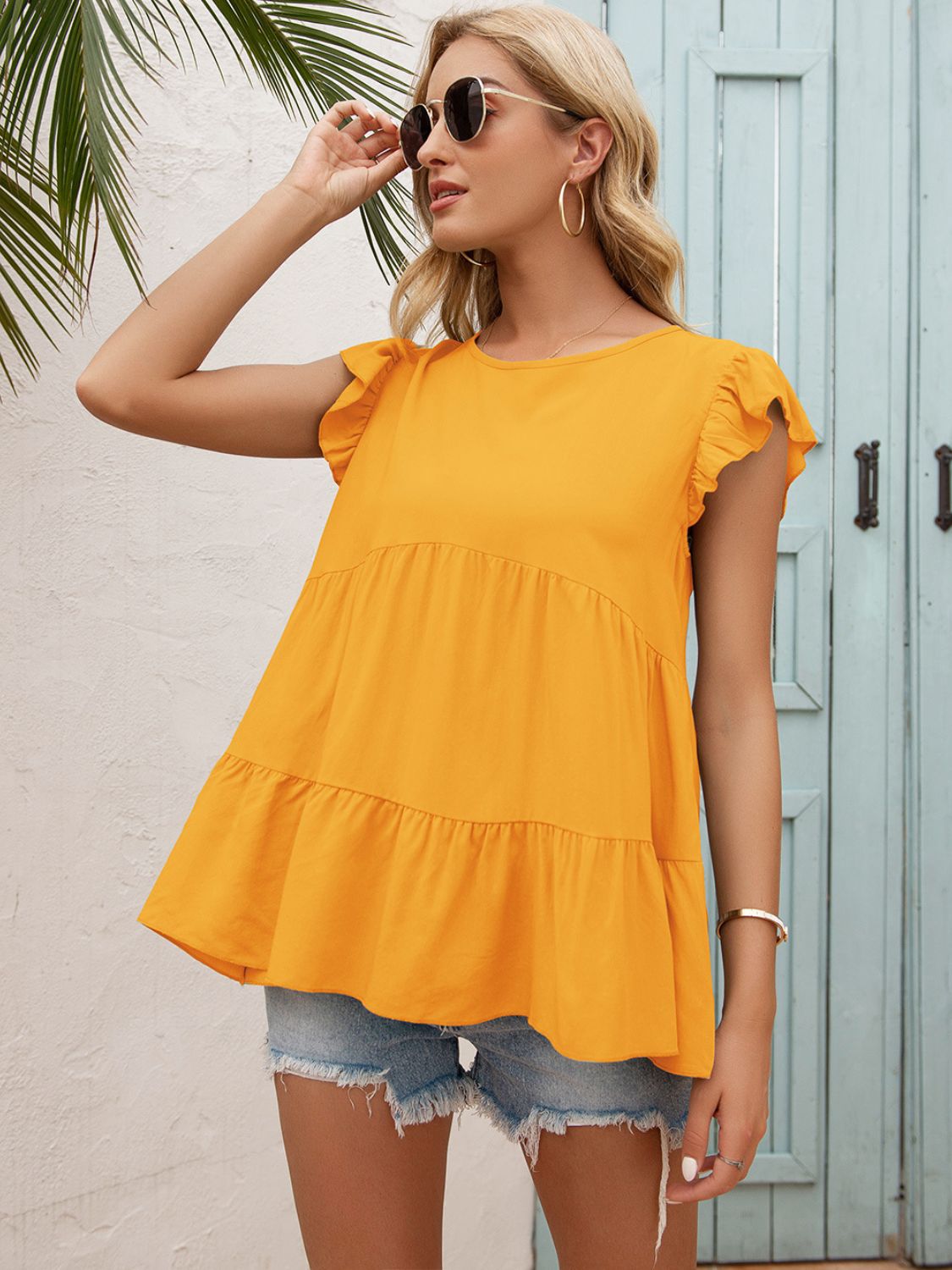 Women's Round Neck Flutter Sleeve Tiered Blouse