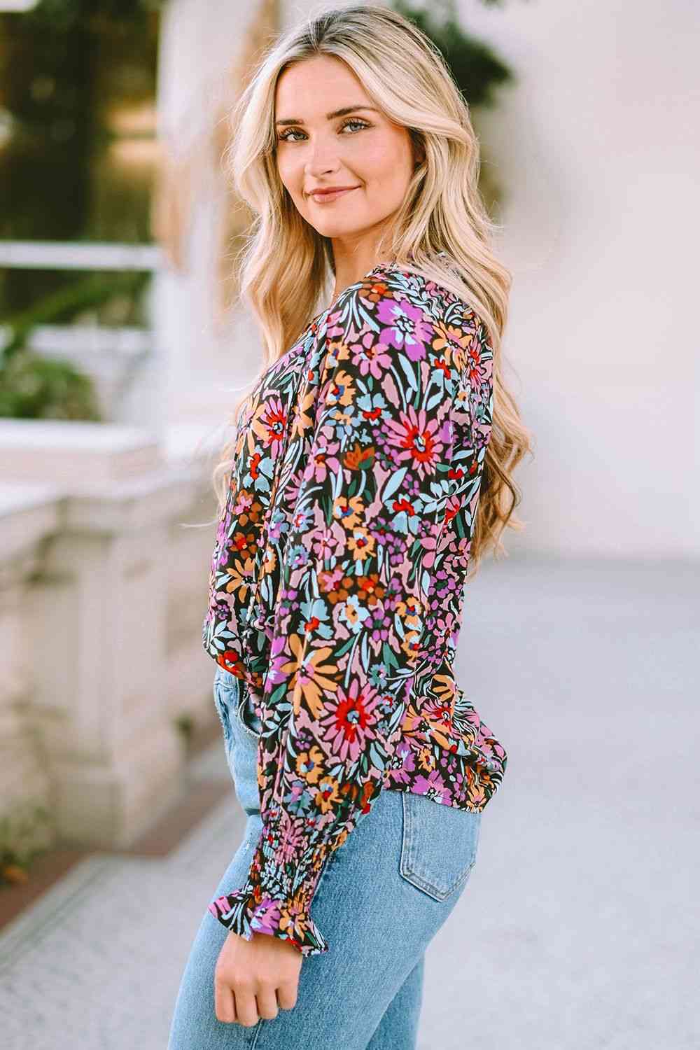 Floral Tie Neck Flounce Sleeve Blouse