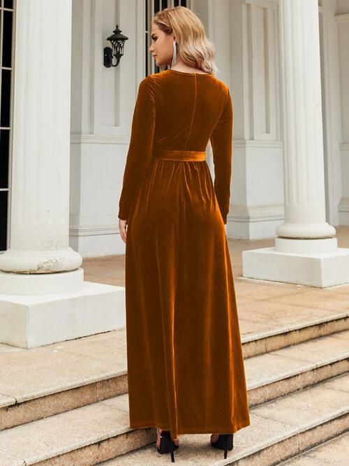 OhSoMaxi Tie Front Round Neck Long Sleeve Maxi Dress