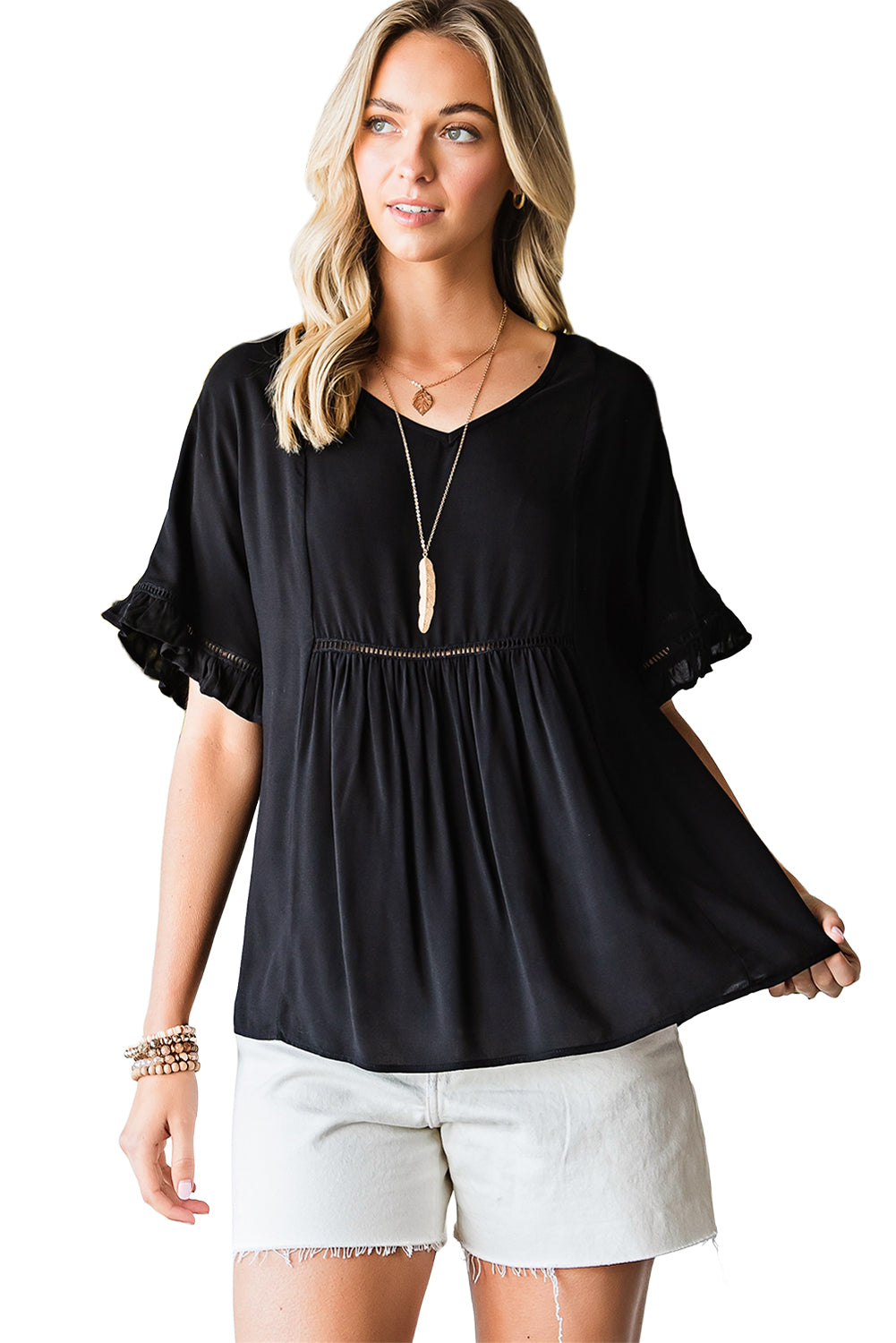 SO YOU V-Neck Flounce Sleeve Babydoll Blouse