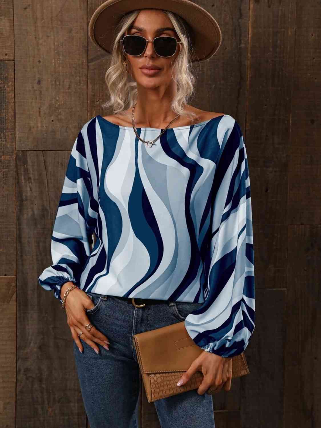 Full Size Printed Boat Neck Blouse