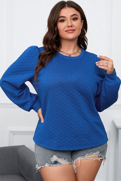 Women's Isla Cobalt Blue Plus Size Textured Round Neck Long Sleeve Top