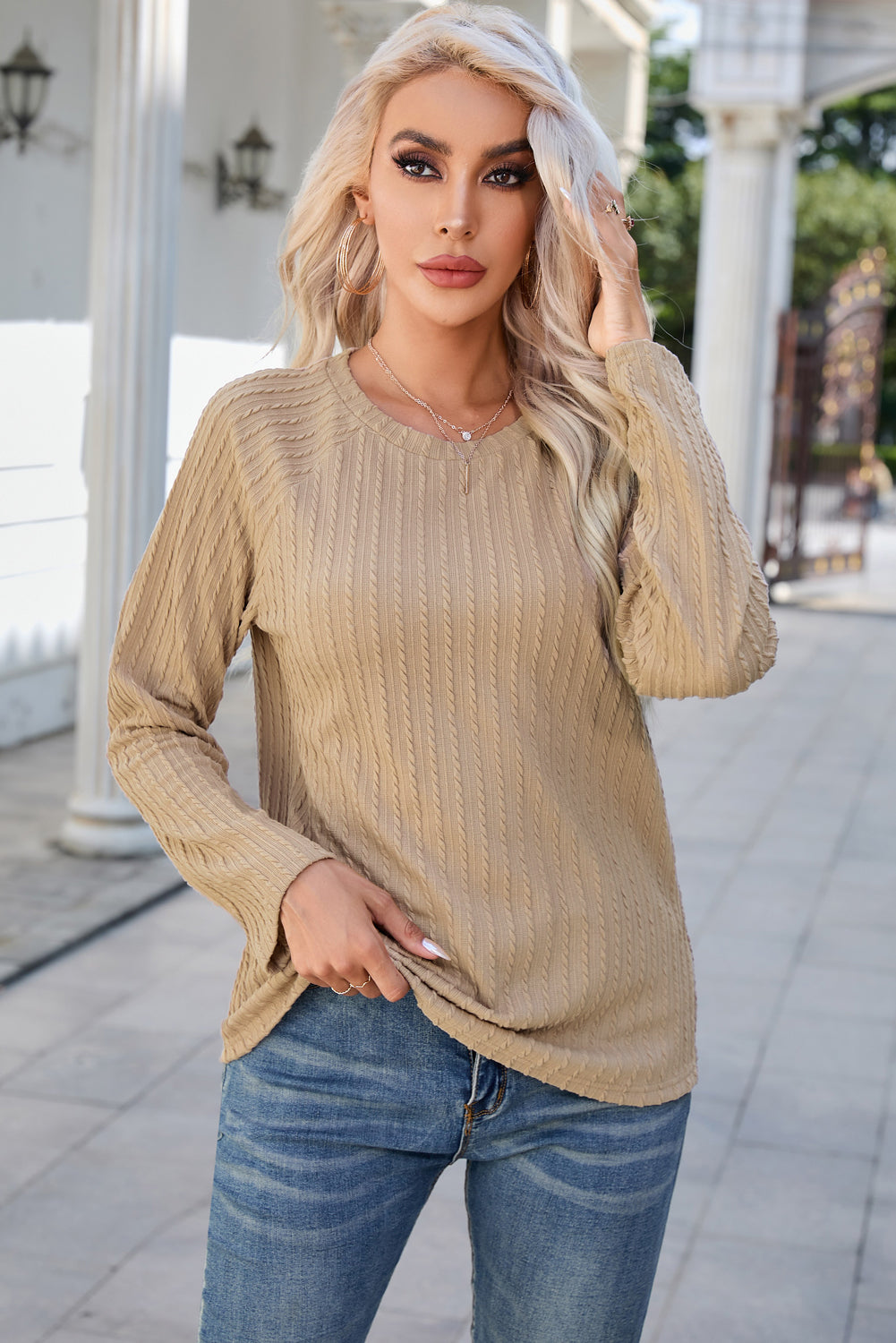 Adelisa & Yehn Round Neck Raglan Sleeve Ribbed Blouse