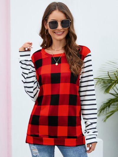 Women's HannahMea Plaid Striped Round Neck Long Sleeve T-Shirt