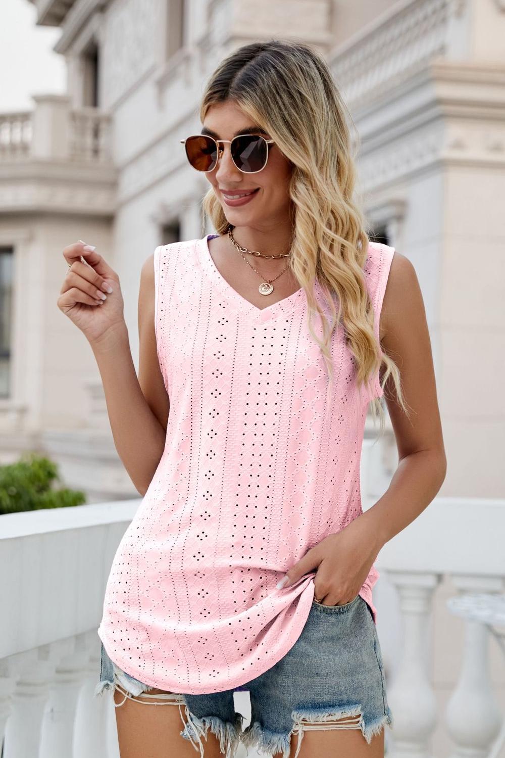 SALTYCHIC Full Size Eyelet V-Neck Tank