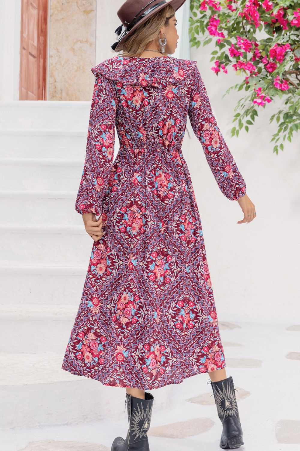 Purple Printed Long Sleeve Slit Midi Dress