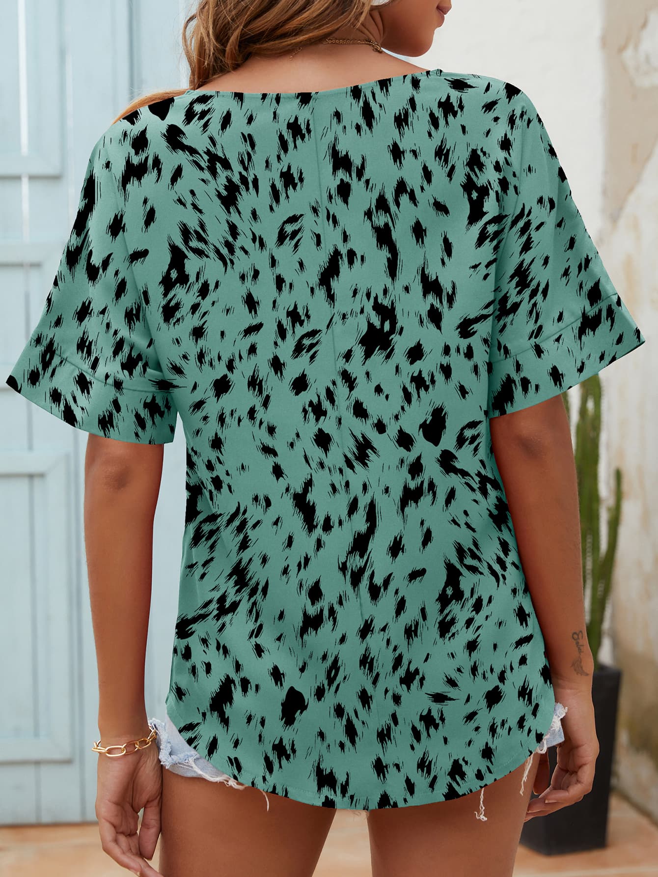 Women's Full Size Printed Notched Neck Half Sleeve Blouse