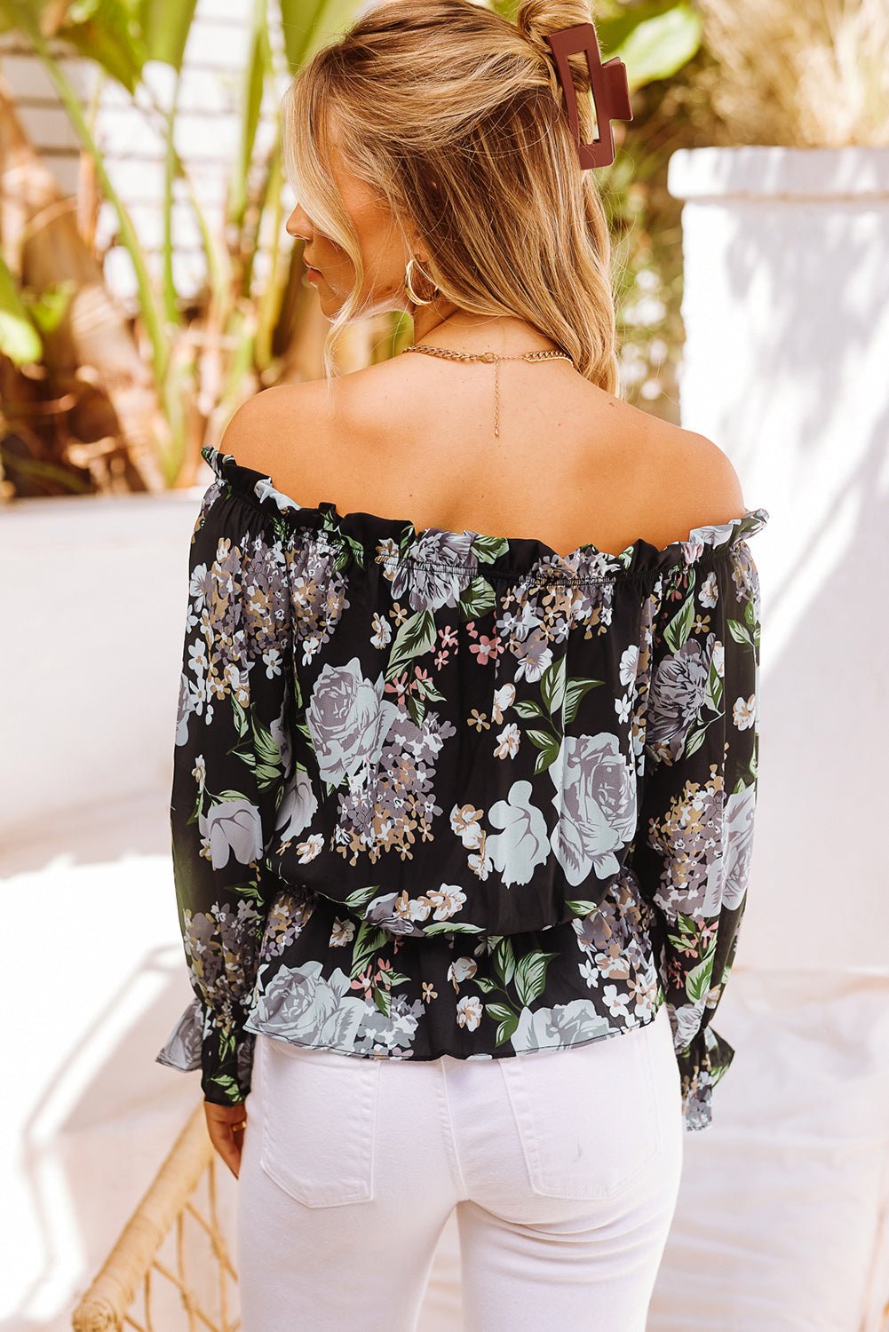 Women's Full Size Floral Tied Off-Shoulder Flounce Sleeve Peplum Blouse