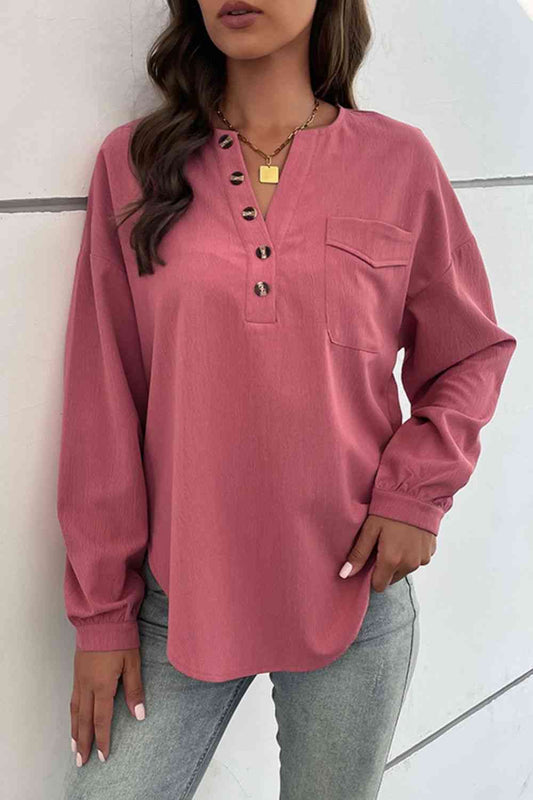 Magenta Red Half Button Pleated Detail Side Slit Blouse