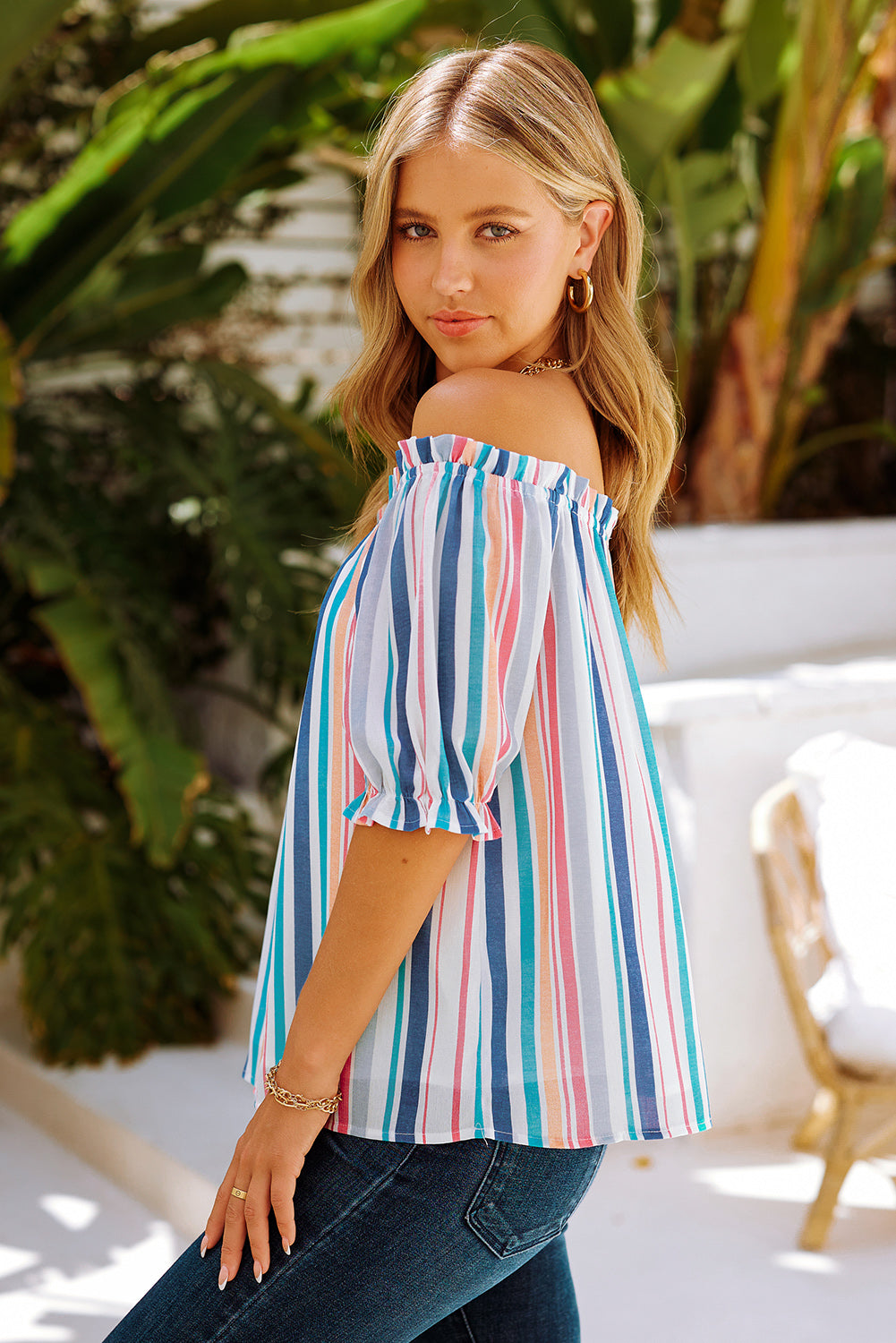 Women's Full Size Rainbow Stripe Off-Shoulder Frilled Flounce Sleeve Blouse