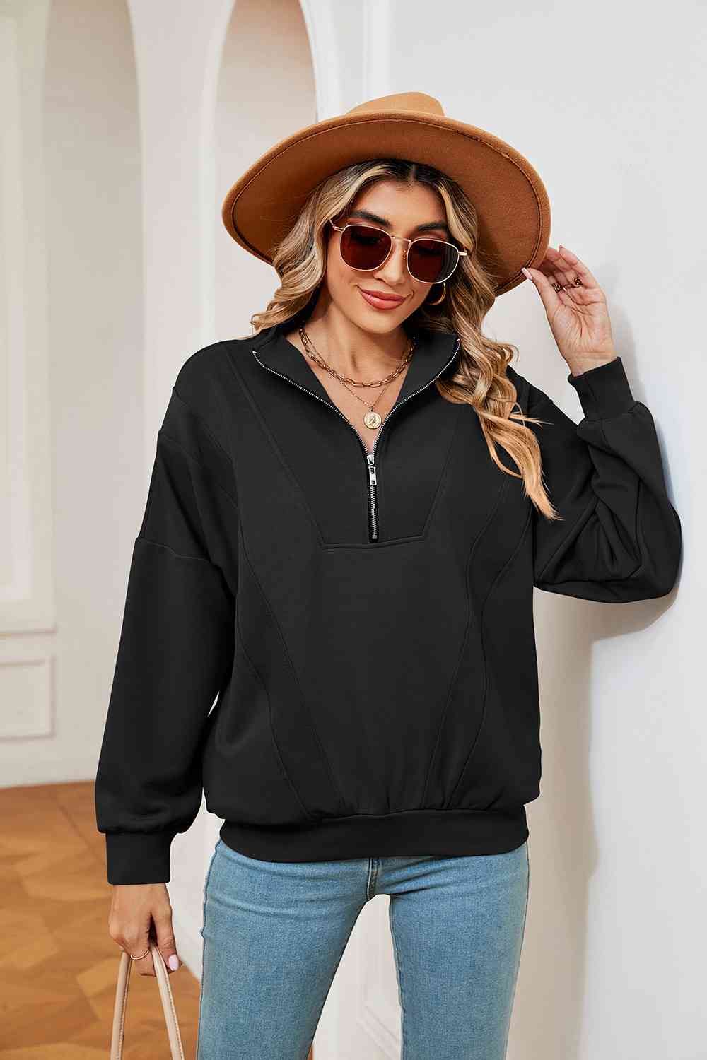 Full Size Half-Zip Dropped Shoulder Sweatshirt