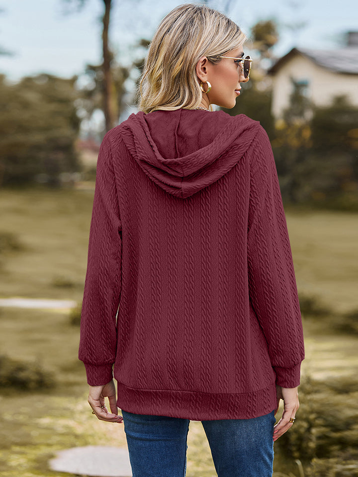 Full Size Cable-Knit Zip-Up Hooded Blouse