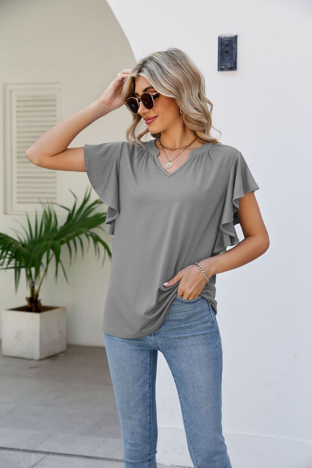 Women's JAYLEEN Full Size Notched Neck Flutter Sleeve Tee