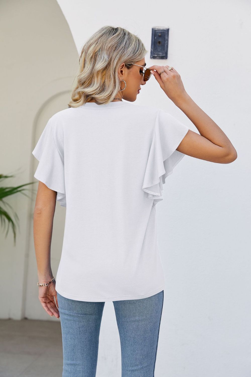 Women's JAYLEEN Full Size Notched Neck Flutter Sleeve Tee