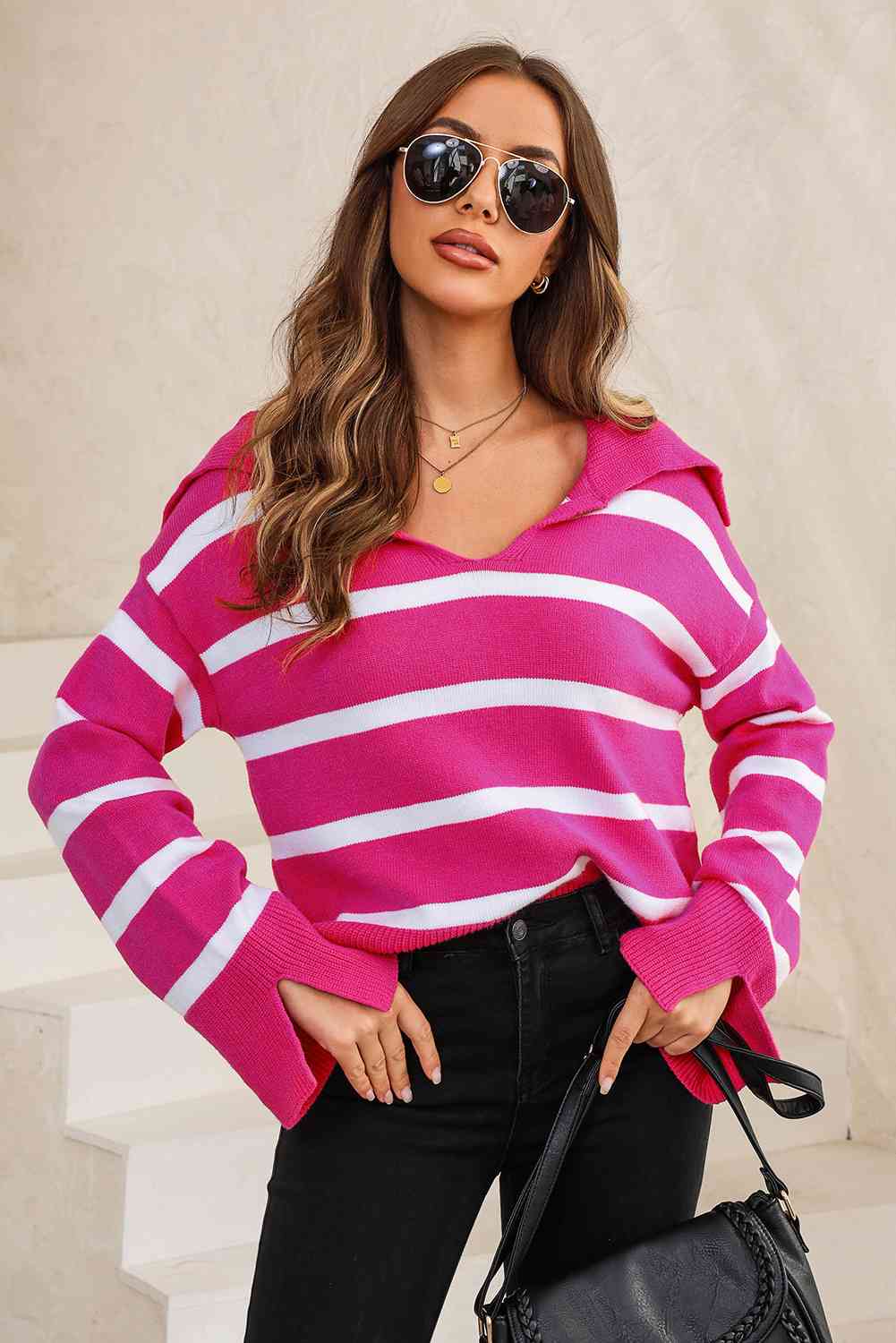 Full Size Striped Collared Neck Slit Sweater