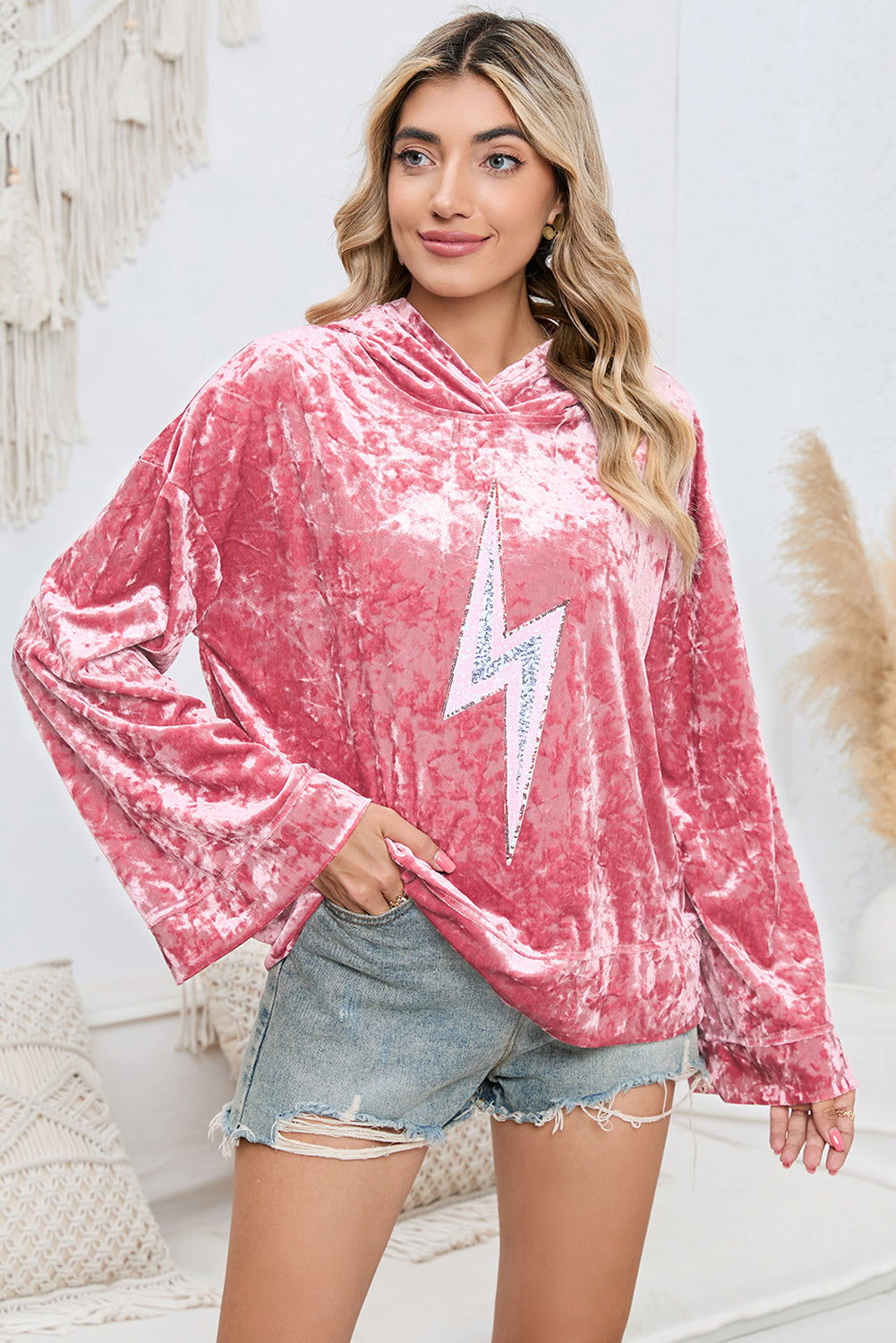 Malibu Dreams Sequin Flash Pattern Long Sleeve Dropped Shoulder Oversized Hoodie