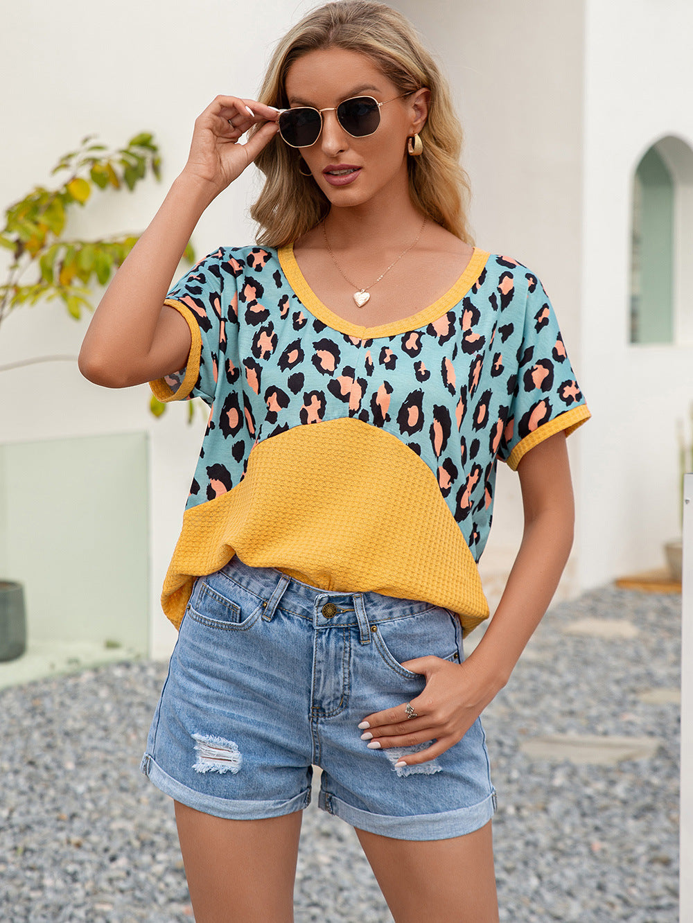 SOSPRING Leopard Waffle-Knit Short Sleeve Top