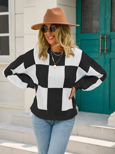 Checkered Round Neck Dropped Shoulder Sweater