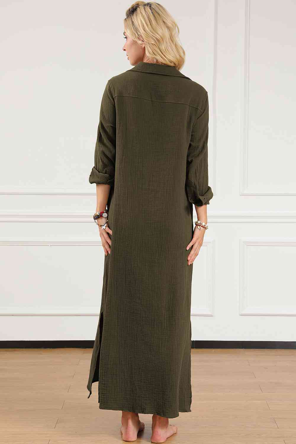 Texture Collared Neck Button Up Slit Moss Green Shirt Dress