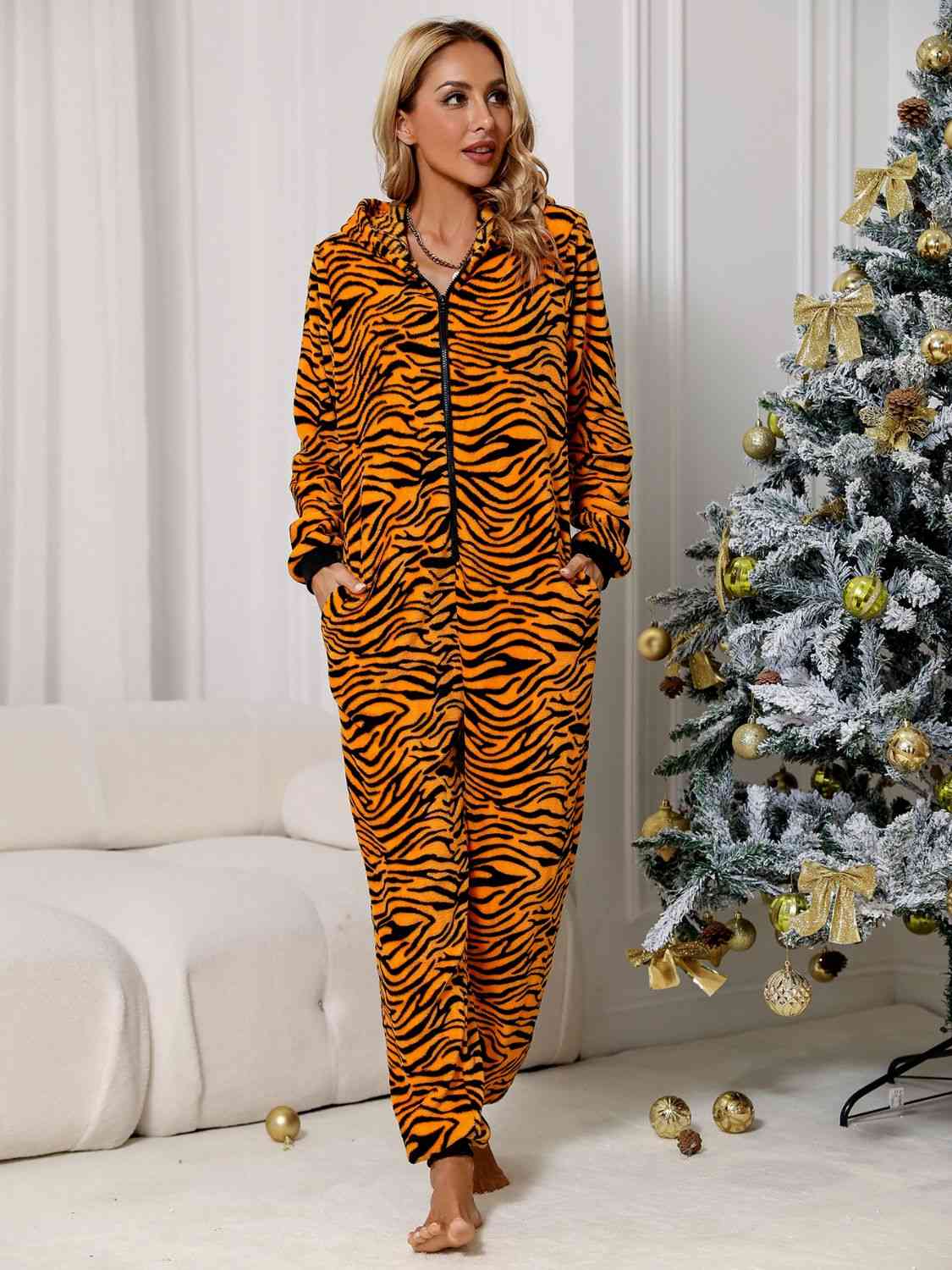 Animal Print Zebra Zip Front Lounge Jumpsuit with Pockets