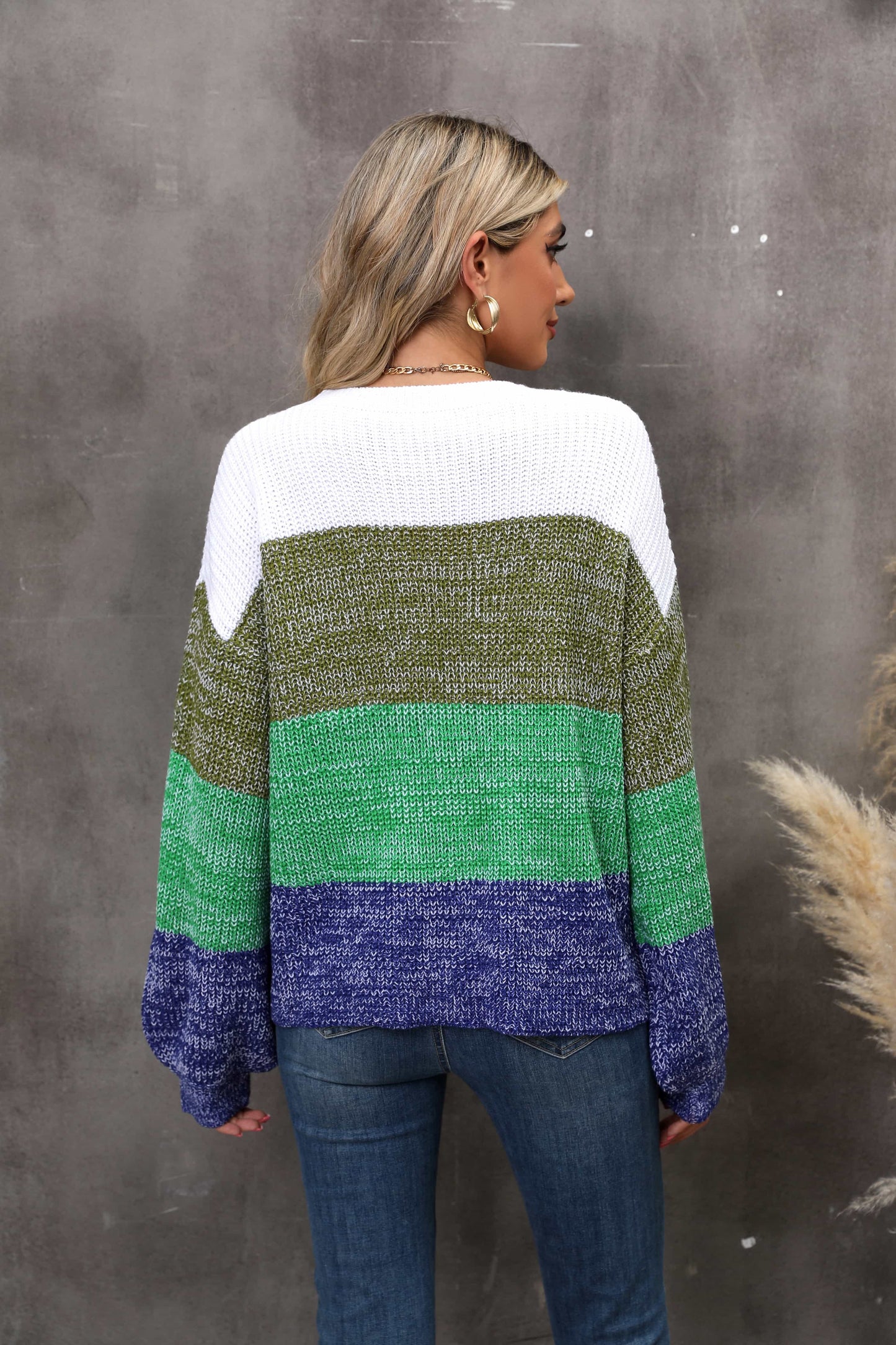 Hannah&Mea Color Block Round Neck Dropped Shoulder Sweater