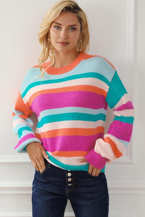 LoveByHannah Striped Round Neck Long Sleeve Knit Top