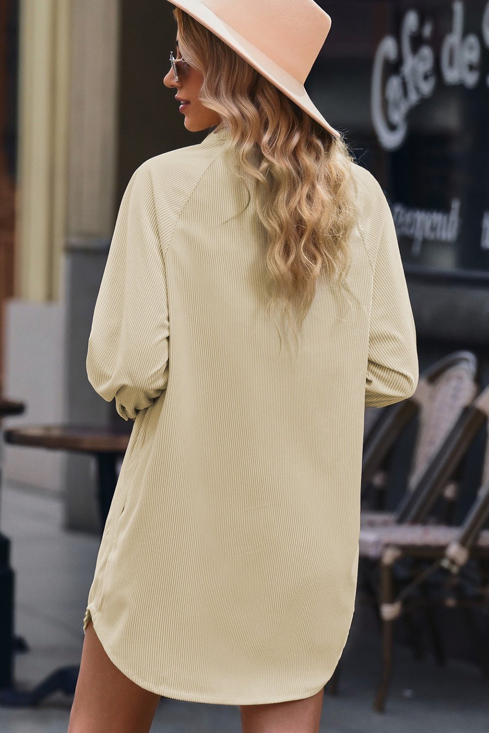 Women's Button Front Curved Hem Raglan Sleeve Shirt Dress