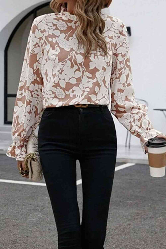 Aurora Lea Floral Print Mock Neck Flounce Sleeve Blouse