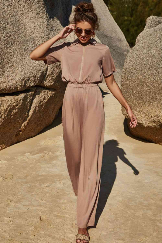 Tan Zip Up Short Sleeve Collared Jumpsuit