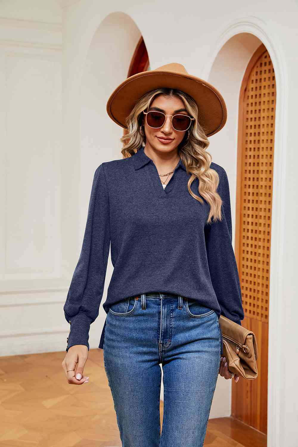 Full Size Johnny Collar Long Sleeve Top