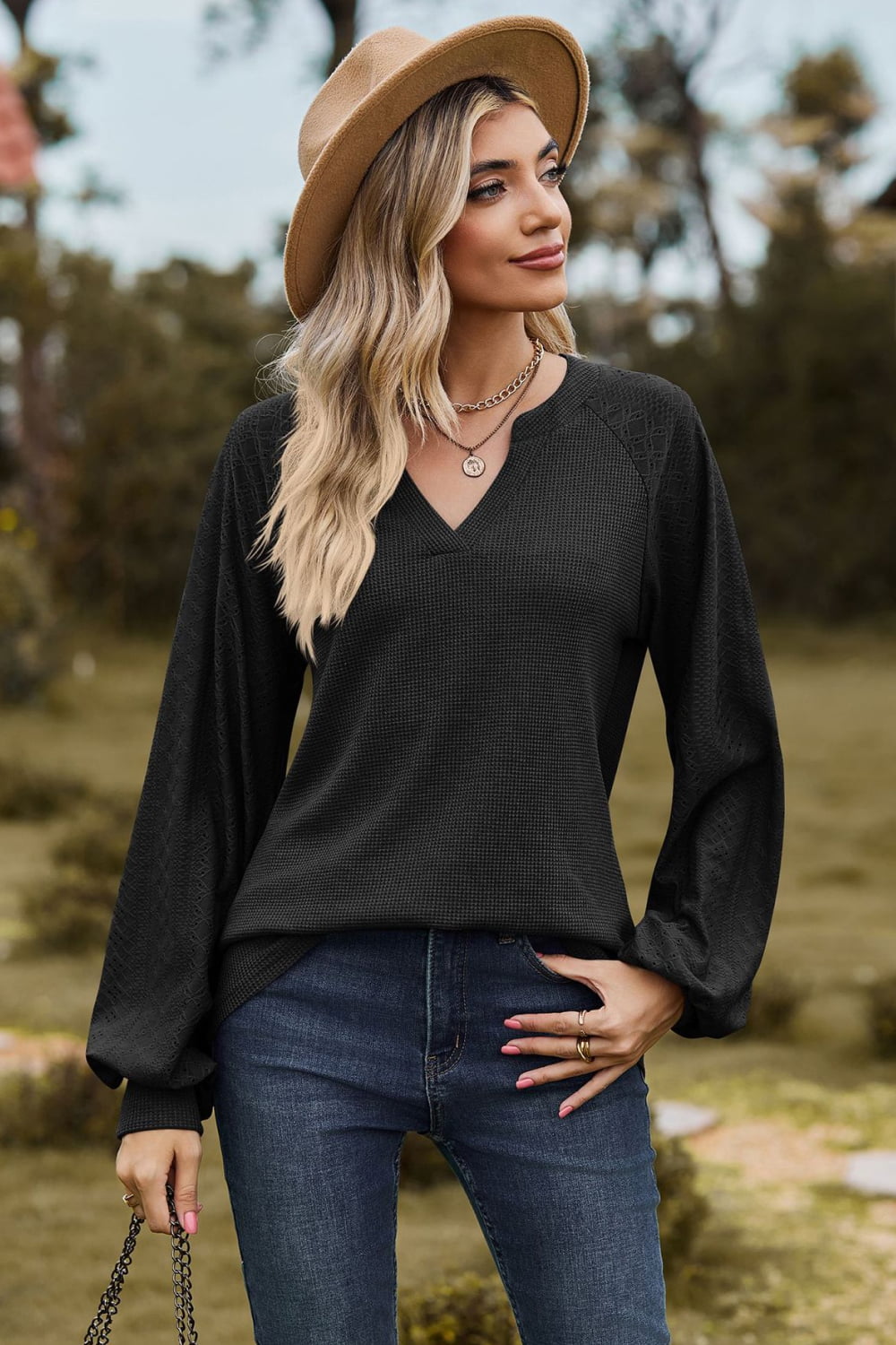 Full Size Notched Neck Raglan Sleeve Blouse