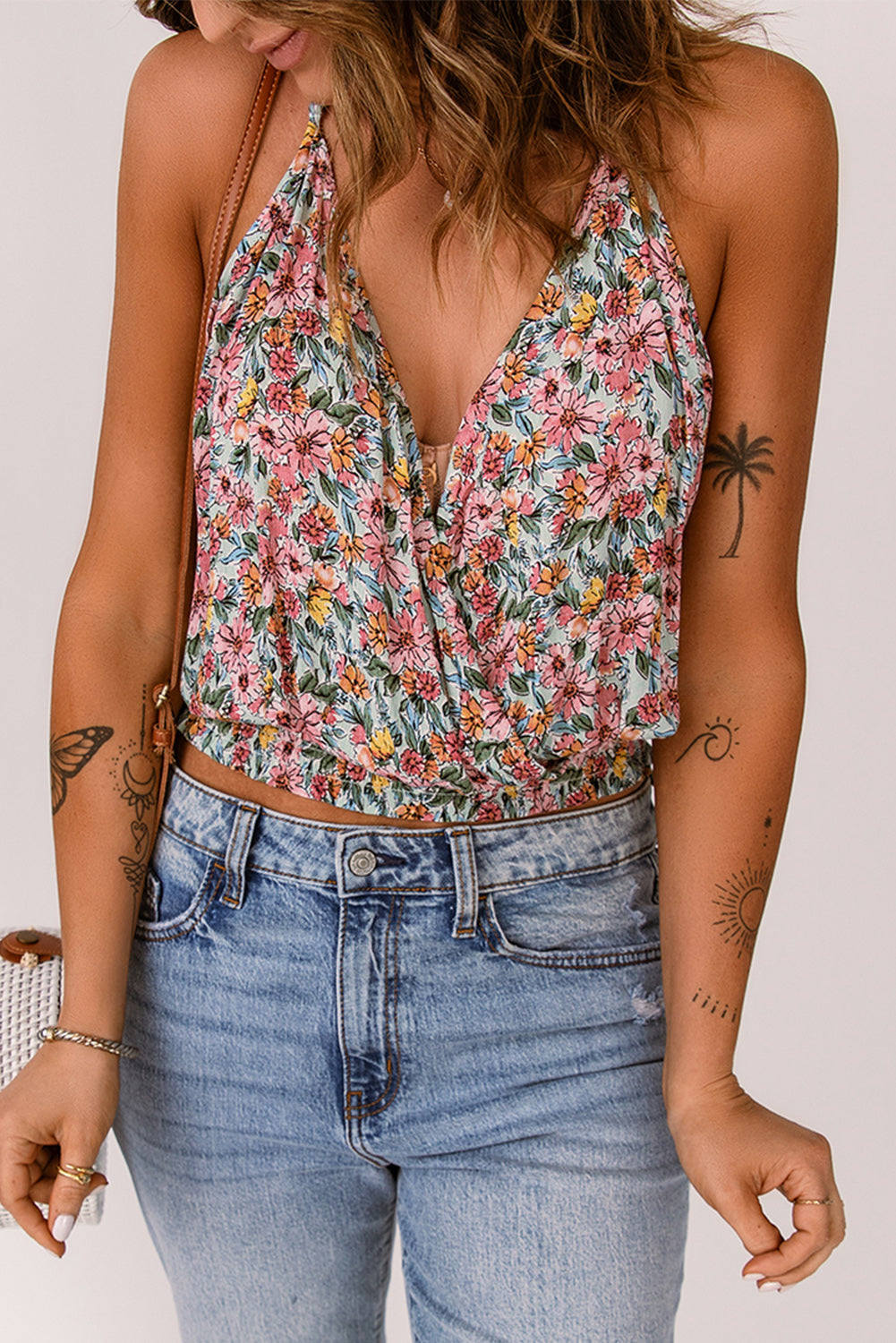 Full Size Floral Surplice Neck Top