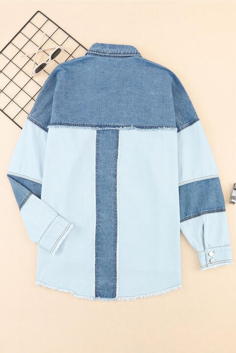 Misty Blue Raw Hem Button Up Denim Jacket with Breast Pockets