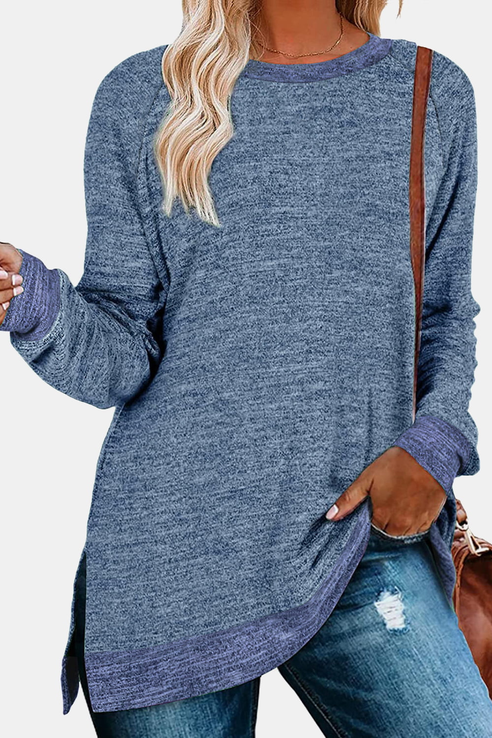 Full Size Round Neck Long Sleeve Slit T-Shirt