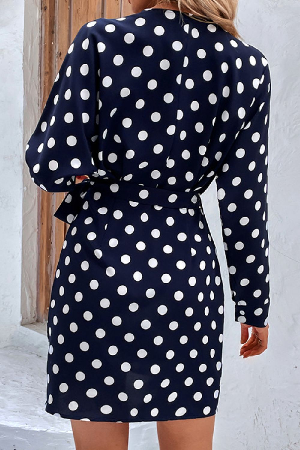 Women's Navy Blue Polka Dot Tied Surplice Wrap Dress