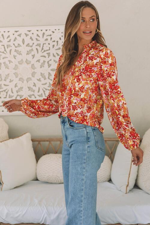 Pumpkin Orange Floral Notched Balloon Sleeve Blouse