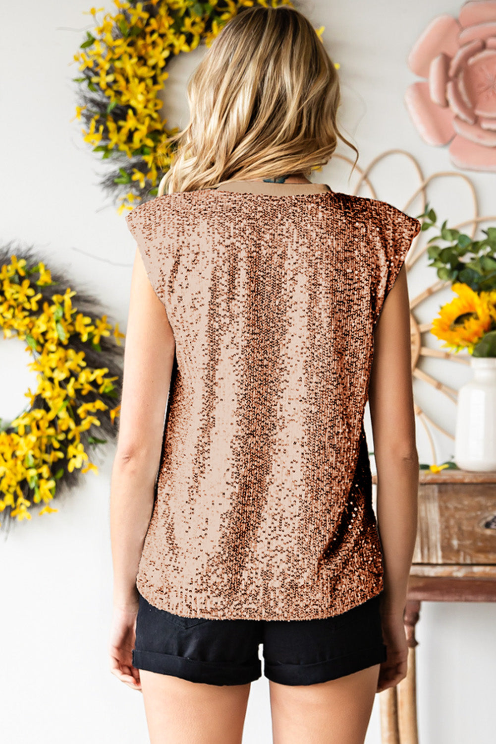 Women's Sequin Round Neck Capped Sleeve Tank