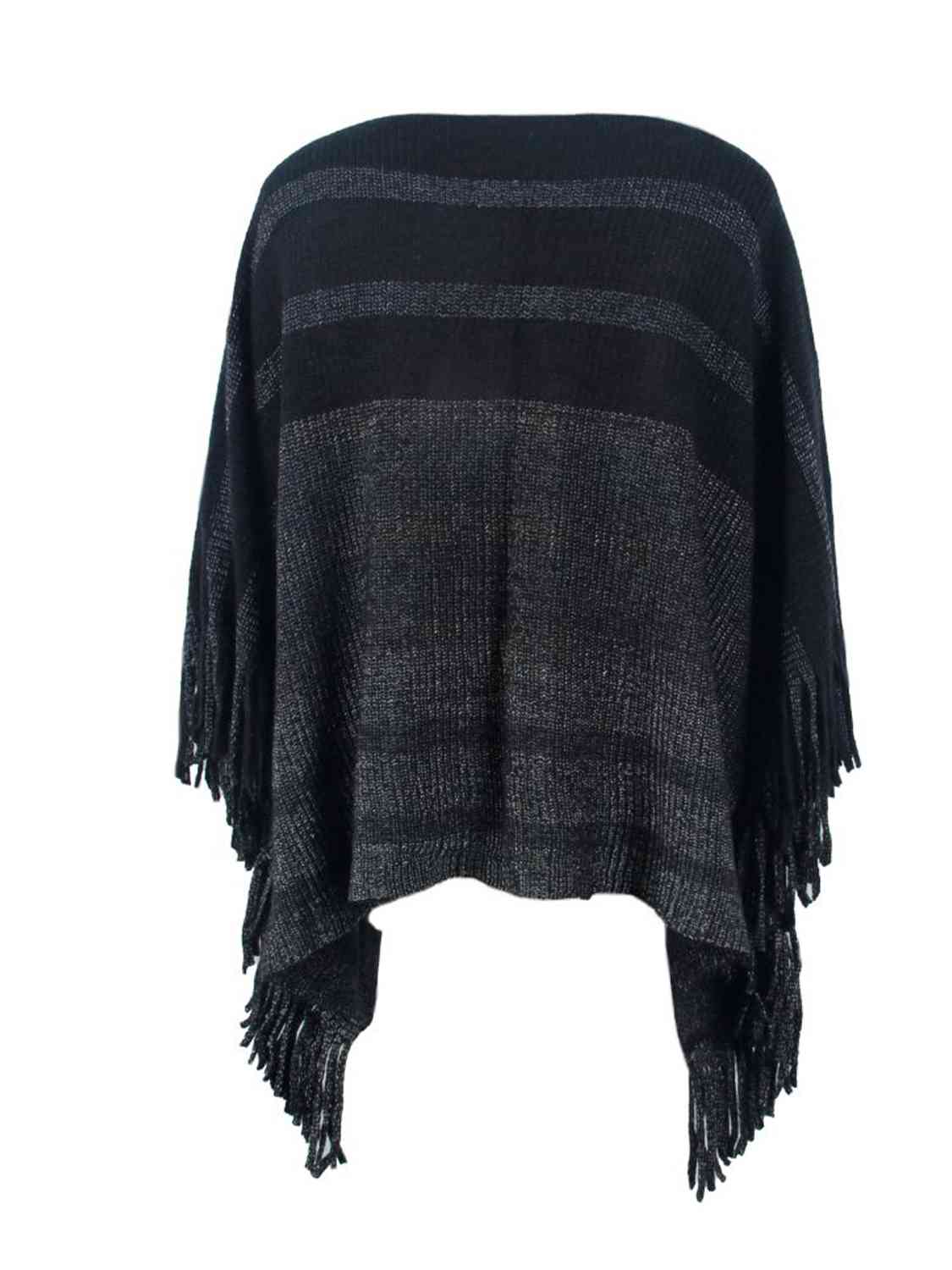 One Size Striped Boat Neck Poncho with Fringes