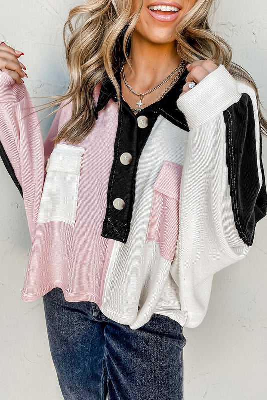 Full Size Multicolor Button-Down Long Sleeve Blouse