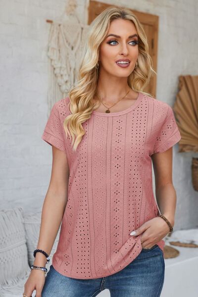 Eyelet Round Neck Rolled Short Sleeve T-Shirt